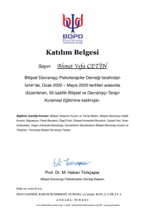 Uzman Klinik Psikolog Ahmet Vefa Çetin Bilişsel ve Davranışçı Terapi Kuramsal Eğitimi Katılım Belgesi