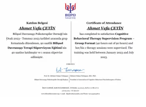 Ahmet Vefa Çetin BDT Süpervizyon Eğitimi 2023 Belgesi