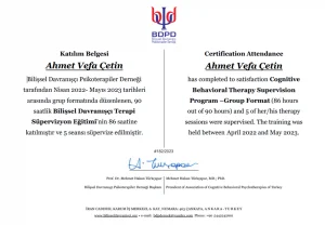 Uzman Klinik Psikolog Ahmet Vefa Çetin Bilişsel Davranışçı Terapi Süpervizyon Eğitimi Katılım Belgesi